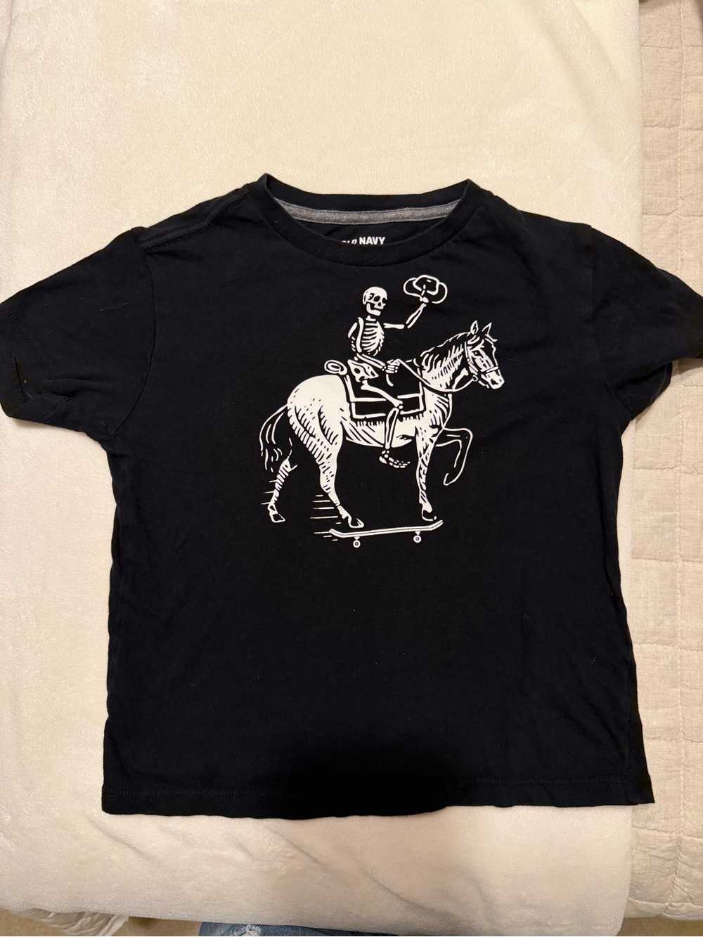 Old Navy Black Tee with White Skeleton-on-Horse Graphic